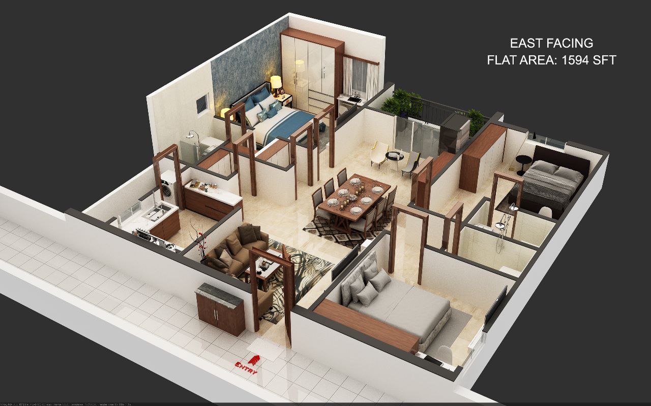 East Facing Flat Area 1594 SFT floor plan